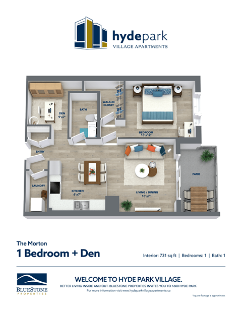 Floor plan for 1 bed, 1 bath, 731 sqft